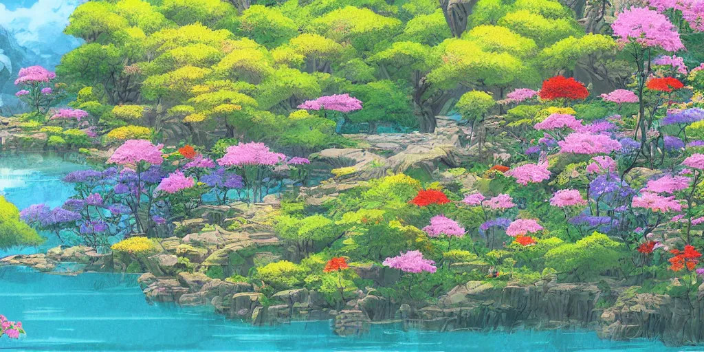 Image similar to a beautiful lake with blooming flowers, fantasy art, 2 d game art, by studio ghibli