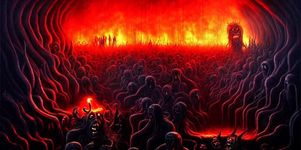 Image similar to repressed emotion creatures and monsters at the mouth of hell, dramatic lighting glow from giant fire, attempting to escape and start a revolution, in a dark surreal painting by ronny khalil