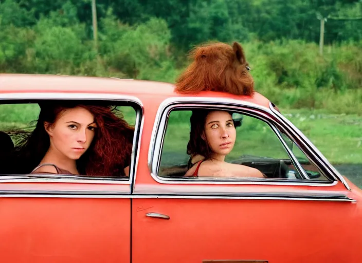 Image similar to A very high resolution image from a new movie, landscape from a car window , teen red hair woman, raining, hot, directed by wes anderson