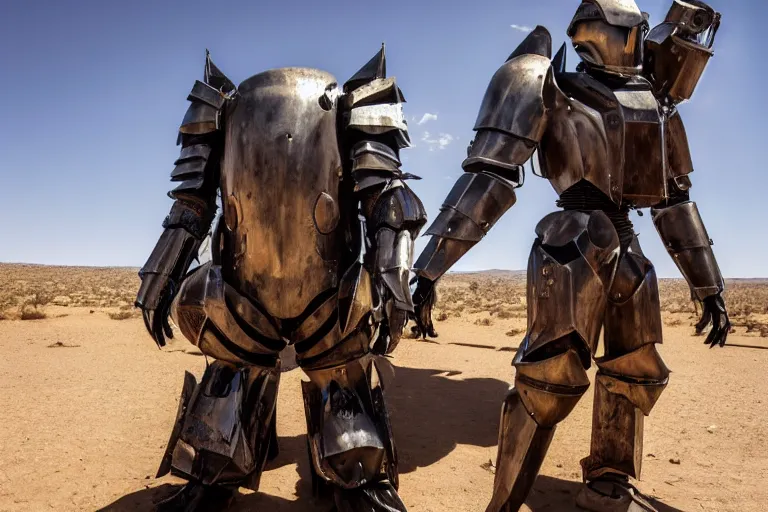 Prompt: photograph of a man in a very oversized mech armor that is 3 0 feet tall and 1 0 feet wide. his head is very small sticking out of the armor. desert setting. high detail.