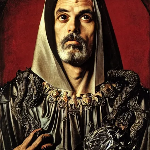 Prompt: george clooney as a lich necromancer, made by caravaggio, peter paul rubens, diego velazquez, rossdraws, jan van eyck, max ernst, ernst haeckel, ernst fuchs