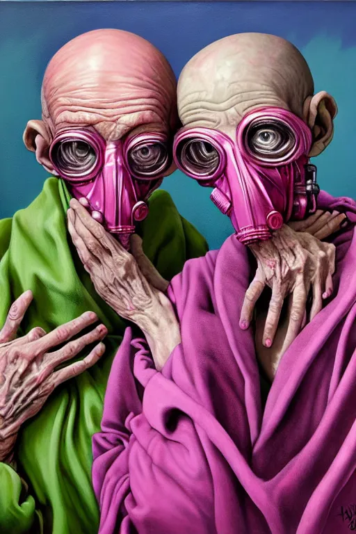 Prompt: two highly expressive, frail, skinny old people draped in fleshy pink, and green robe, wearing gas masks connected to their hearts, inside an dystopian, abandoned hospital room, ayami kojima, greg hildebrandt, mark ryden, hauntingly surreal, eerie vibrating color palette of charlie immer, highly detailed painting by, jenny saville, soft light 4 k