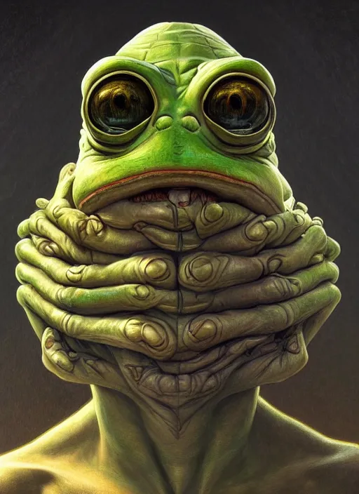 Image similar to 4 chan pepe, kek, ancient god, sad, portrait, intricate, elegant, highly detailed, digital painting, artstation, concept art, wallpaper, smooth, sharp focus, illustration, art by h. r. giger and artgerm and greg rutkowski and alphonse mucha