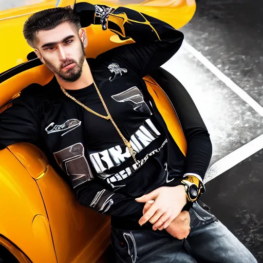 Prompt: hamza giga chad adonis strong man attractive rich gold chain sports car background bight photorealistic high quality