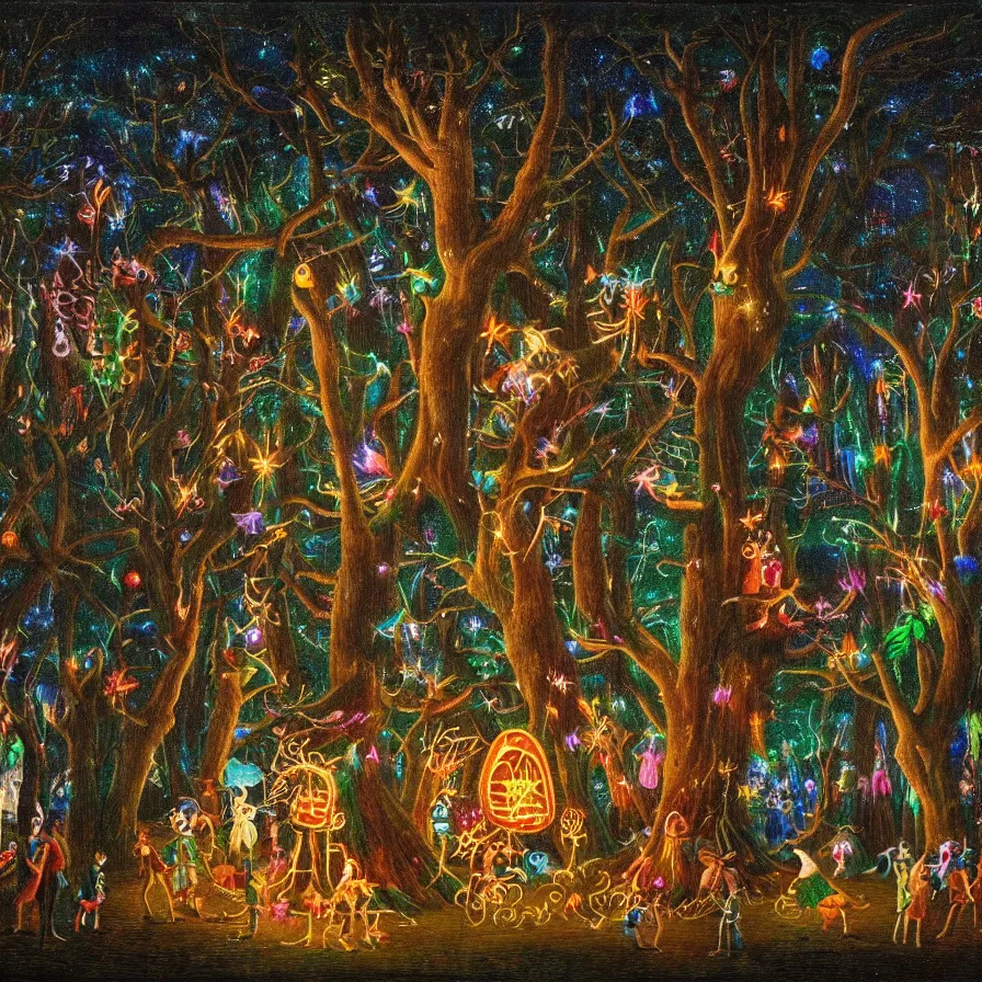 Image similar to a night carnival around a magical tree cavity, with a surreal orange moonlight and fireworks in the background, next to a lake with iridiscent water, christmas lights, folklore animals and people disguised as fantastic creatures in a magical forest by summer night, masterpiece painted by georg friedrich kersting, dark night environment