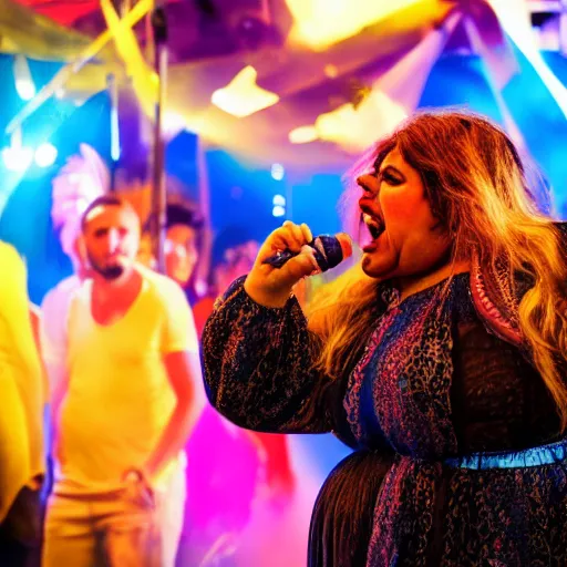 Prompt: a fat gipsy screams into a mic during a huge party, award winning photograph, colorful