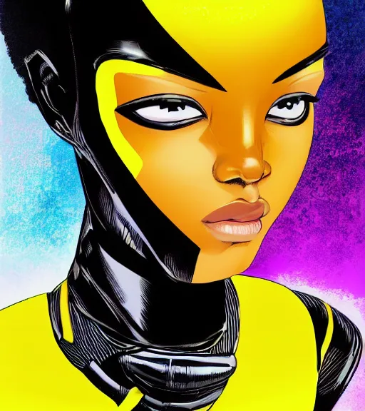 Image similar to a digital painting of a black female android with futuristic hair and yellow make-up, a comic book panel by Craig Thompson, behance contest winner, afrofuturism, marvel comics, official art, artstation hq