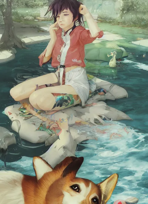 Image similar to beautiful fantasy anime painting of summer chill day with corgi, by Kenne Gregoire, James Jean, Tran Nguyen, WLOP, Jakub Rebelka. trending on Artstation, 8k, masterpiece, chill summer, graffiti paint, fine detail, full of color, intricate detail, golden ratio illustration