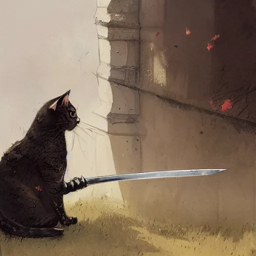 Image similar to a cat holding a sword by jakub rozalski