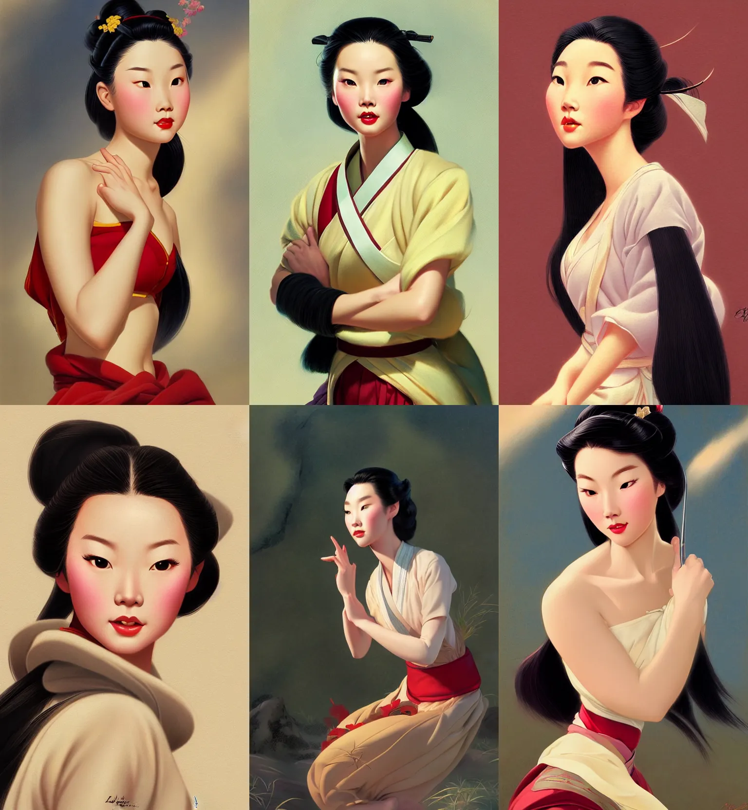 Image similar to portrait of a young mulan, dreamy and ethereal, expressive pose, peaceful expression, elegant, highly detailed, digital painting, artstation, concept art, smooth, sharp focus, by gil elvgren