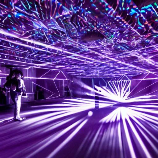 Prompt: a disco party with purple and white lights, a hologram by alesso baldovinetti, featured on cg society, holography, hall of mirrors, anamorphic lens flare, global illumination