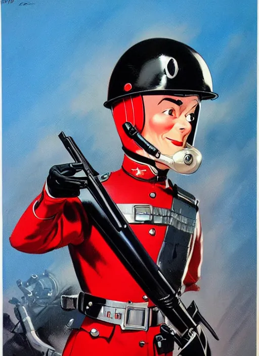 Image similar to a retrofuturistic security officer wearing black helmet and red uniform, vintage, retrofuturism, art by marc davis, marc davis artwork, poster