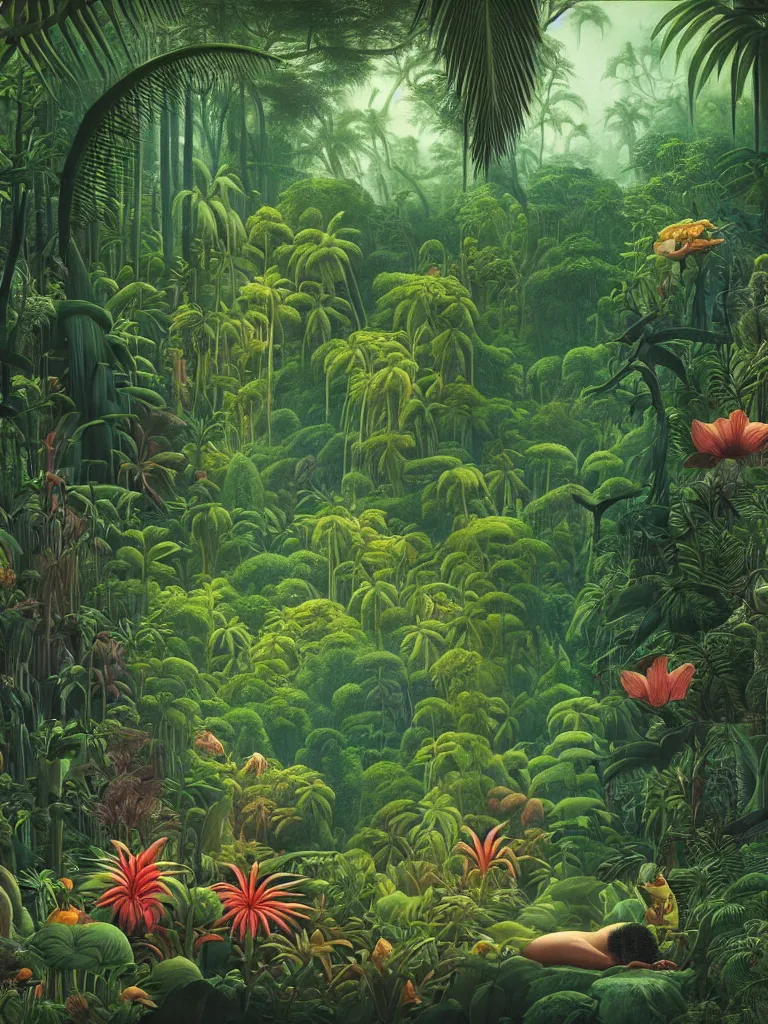 Image similar to a beautiful but foreboding dream inside the lush Malaysian jungle with exotic rainforest flora and fauna where time seems to stand still by Martin Johnson Heade, Hiroshi Sugimoto, Henri Rousseau, Ernst Haeckel, foggy memories of invisible primordial spirits, medium close up shot, wide angle lens, photorealism, anaglyph filter, cinematic mood lighting, National Geographic photography, trending on Art Station.