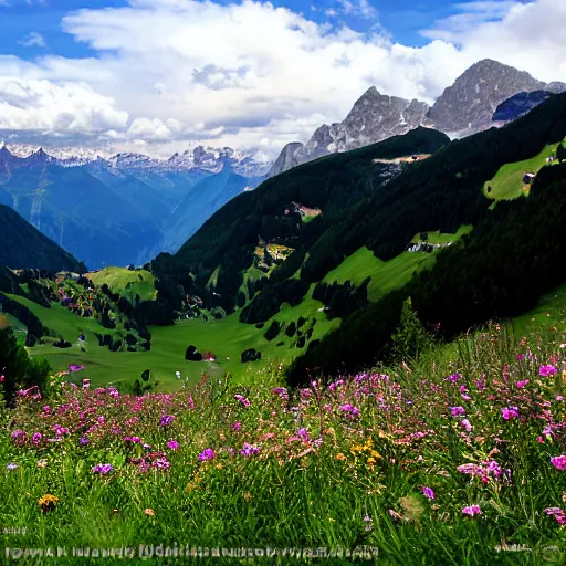 Prompt: alps mountain valley switzerland, wildflower vista