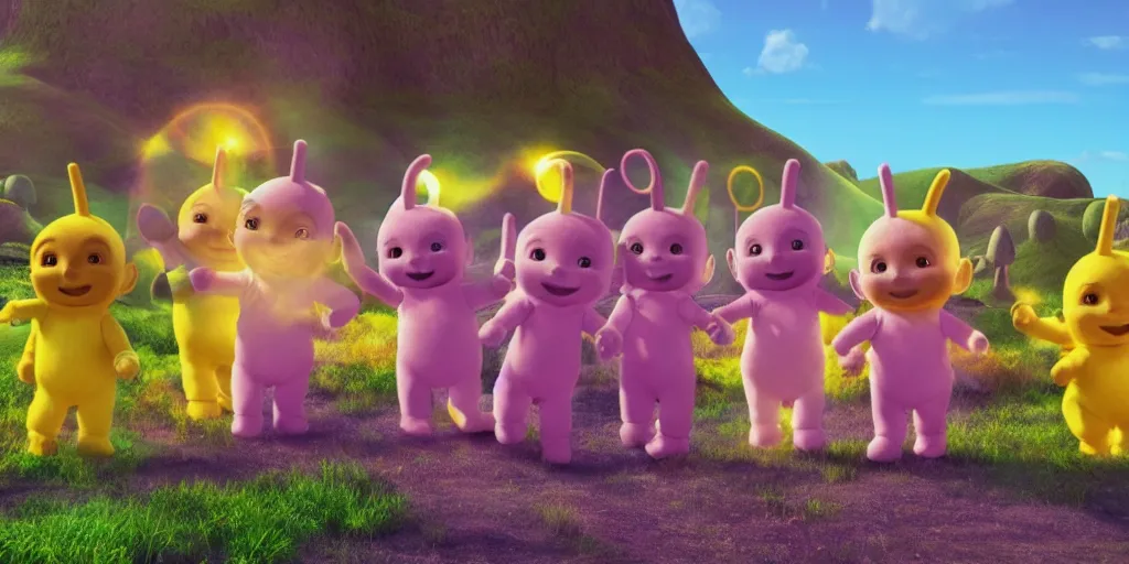 Prompt: teletubbies in the unreal engine, 8k, high detail, volumetric lighting, lensflare