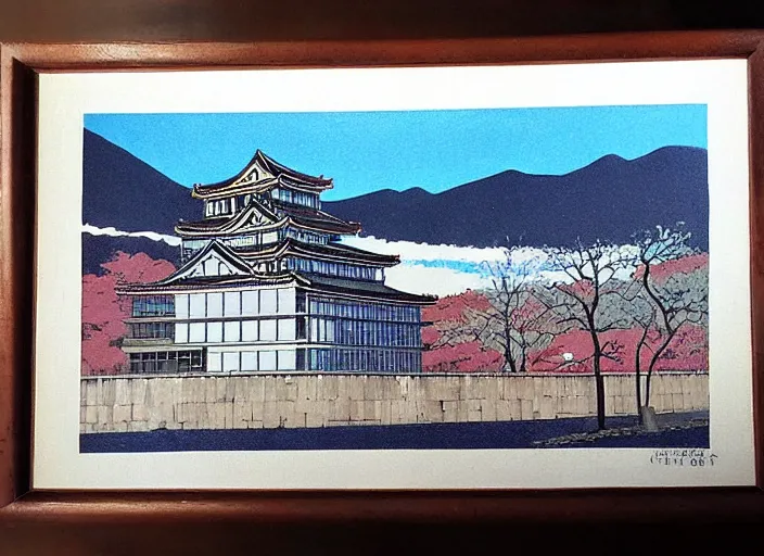 Prompt: vincent di fate's 1 9 8 0 cozy, simple painting of hiroshima castle in hiroshima. cyberpunk style.