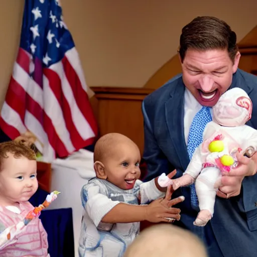 Image similar to ron desantis taking candy from babies and laughing maniacally about it, very realistic