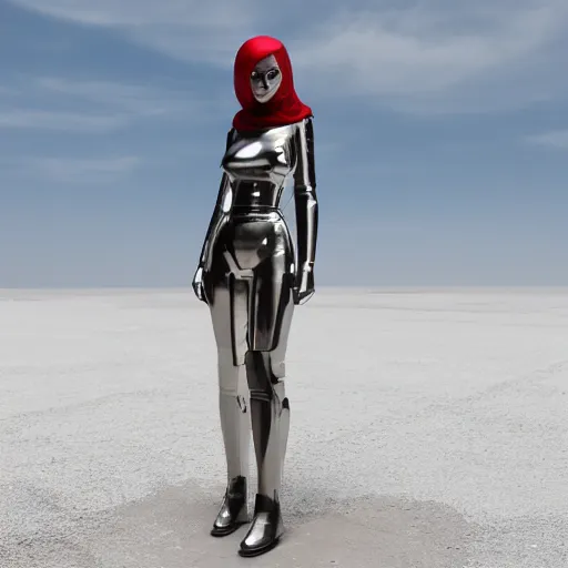 Image similar to beautiful android woman, standing in a barren wasteland, futuristic, chrome and colorful, photo - realistic, ray tracing, 3 d shading, octane render, popular on art station