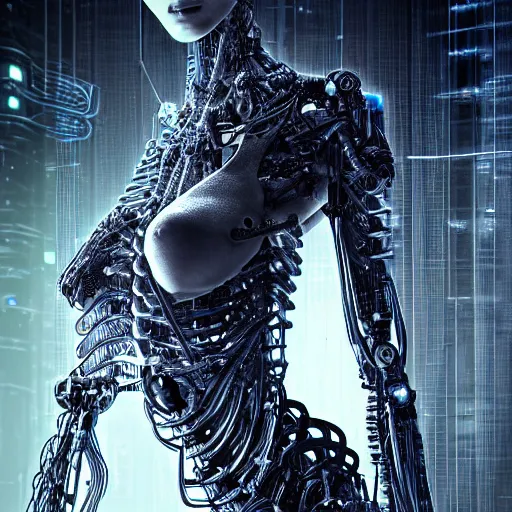 Image similar to portrait photo of a biomechanical torso of a cyborg plugged into a quantum computer with cables and wires and optic fibers. cyberpunk horror style. art by luis royo. highly detailed 8 k. intricate. nikon d 8 5 0 5 5 mm.