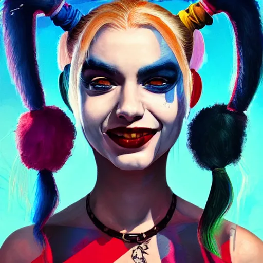 Prompt: Portrait of Harley Quinn but she's a beautiful ape kid with long pony tails on either side of her head, mayhem, illustration, by James Jean, artgerm, octane render, by John Coltrane and Marc Simonetti, Manic, inspired by Greg rutkowski, colorful, high detail of the face, full body