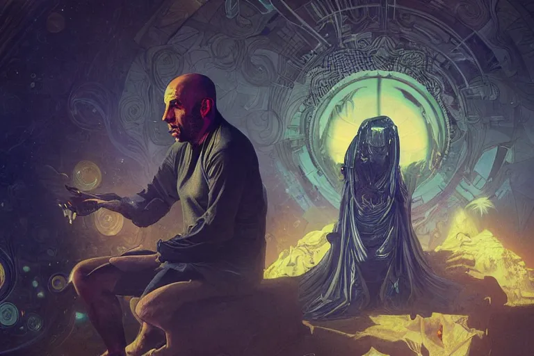 Image similar to joe rogan interviewing an inter - dimensional dmt alien, octane render, by greg rutkowski, alphonse mucha, artgerm