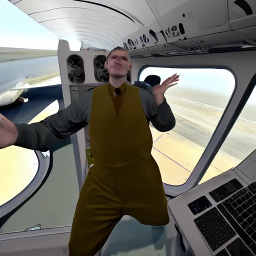 Image similar to jerma 3 4 5 1 doing the yoinky spoinky dance on an airplane wing, realistic, hdr, clear image, hdd, dynamic lighting,