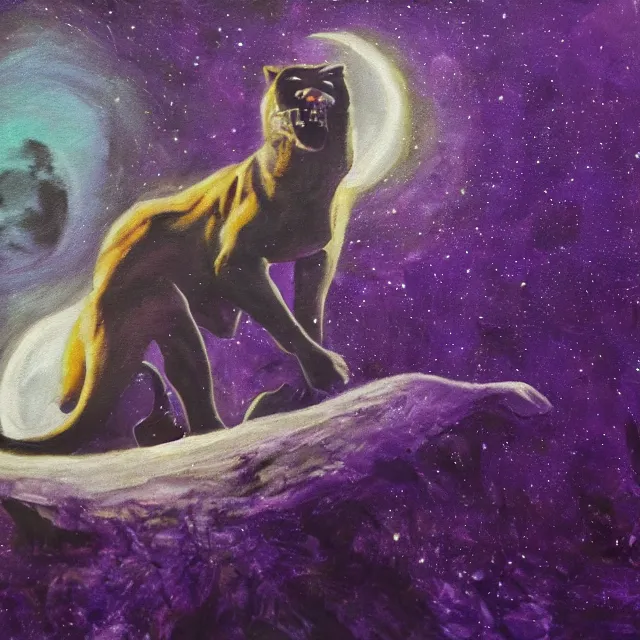 Image similar to closeup of a purple panther roaring at the moon in the forest. night. large moon in the center. cinematic. oil painting. concept art