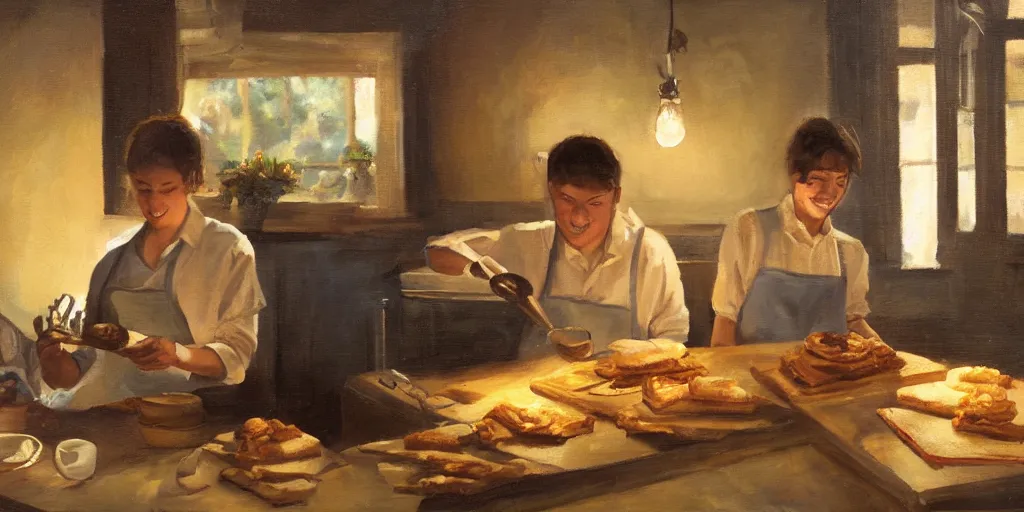 Image similar to oil painting of one young man and one young woman baking waffles in romantic light