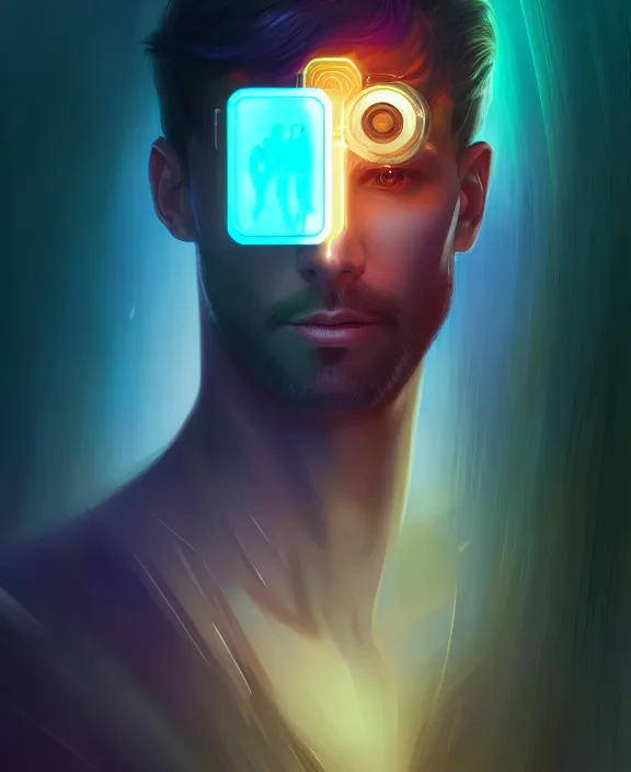 Image similar to a whirlwind inside the metaverse, guy, male, man, hologram, half body, neurochip, android, cyborg, cyberpunk face, by loish, d & d, fantasy, intricate, elegant, highly detailed, colorful, digital painting, artstation, concept art, art by artgerm and greg rutkowski and alphonse mucha