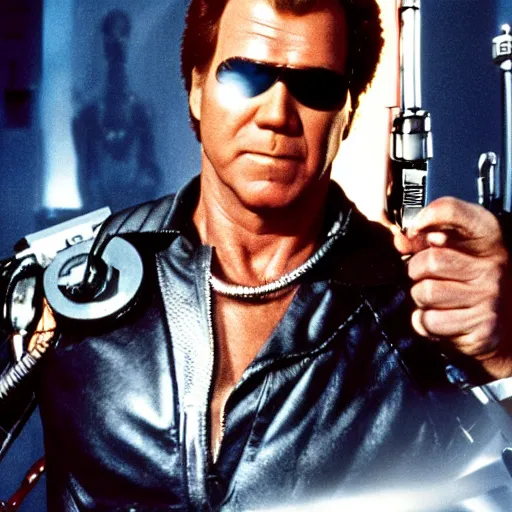 Prompt: will ferrell starring as the terminator, movie still, 8 k