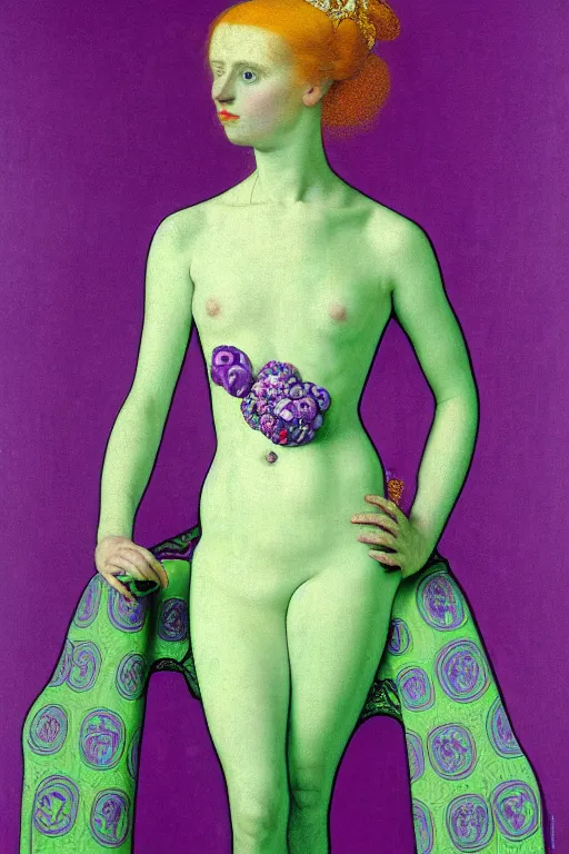 Image similar to full body portrait of a young pale woman with lilac hair, wearing a neon green dress by Vivienne Westwood, intricate details, super-flat, in the style of James Jean, Jean Auguste Dominique Ingres, Gustav Klimt, black background