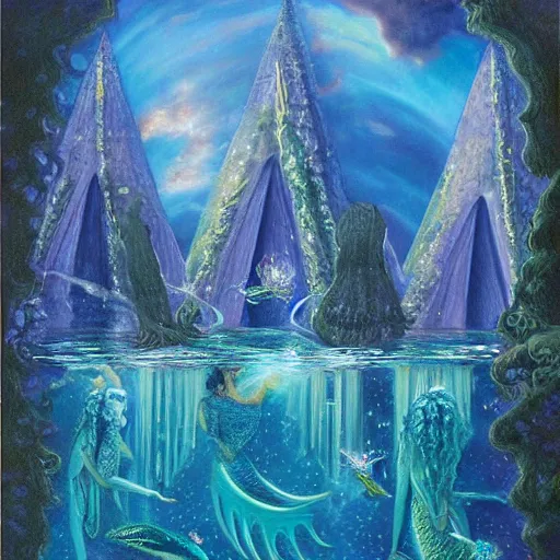 Image similar to highly detailed pleadian towers and worlds with mermaids swimming in the deep with blue hue oil painting