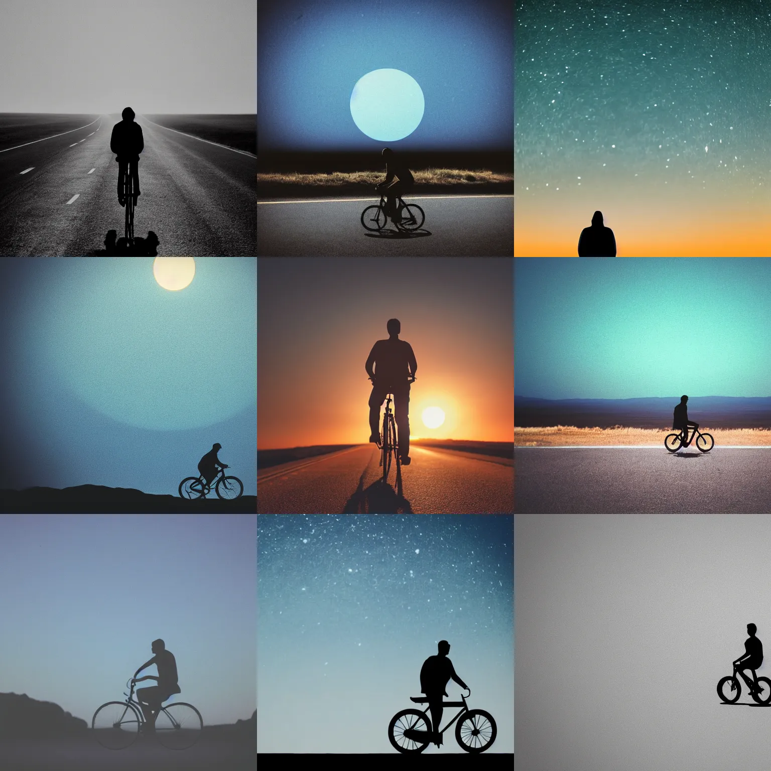 Prompt: high detail photo of a silhouette of a man riding a bicycle on a long road, behind him a big blue planet with a ring, cinematic, atmospheric, spooky, hazy, 8k, tranquil, desolate