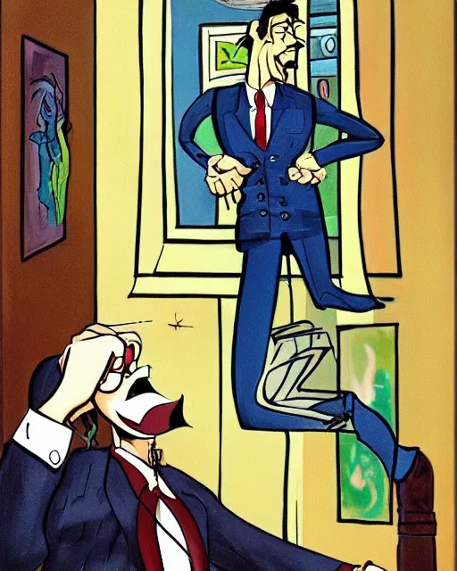 Prompt: villainous smug male antagonist in suit, fancy apartment, artwork by ralph bakshi