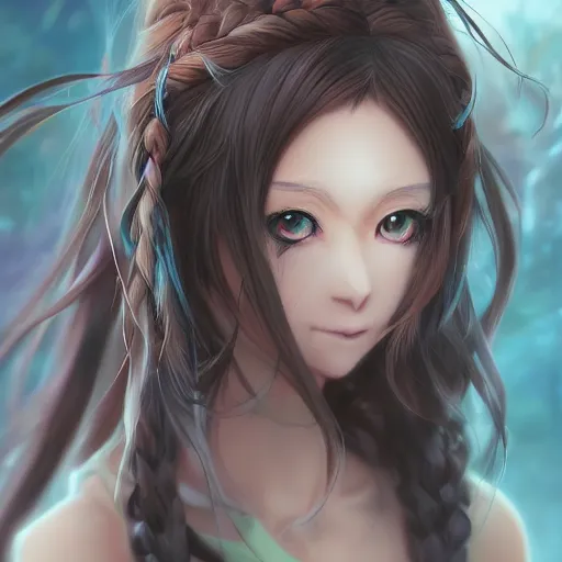 Prompt: realistic anime portrait of an anime cat girl waifu, long hair, twisted braid, watery detailed eyes, by Stanley Artgerm Lau, WLOP, Rossdraws, James Jean, Andrei Riabovitchev, Marc Simonetti, and Sakimichan, trending on artstation