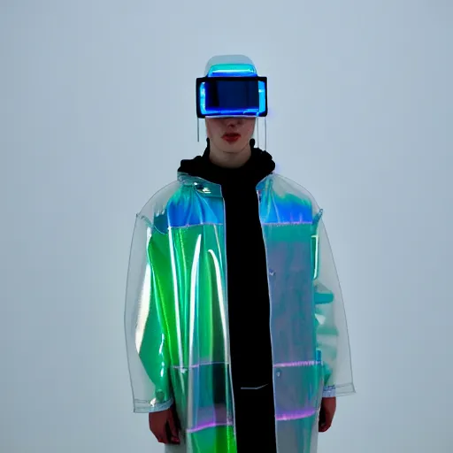 Image similar to an ultra high definition professional studio quality photograph of an artificially intelligent cyberpunk art influencer wearing a transparent iridescent pastel coloured face visor and matching raincoat on white coat hook in a sheer icelandic black rock environment. dramatic lighting. volumetric shadows. light rays