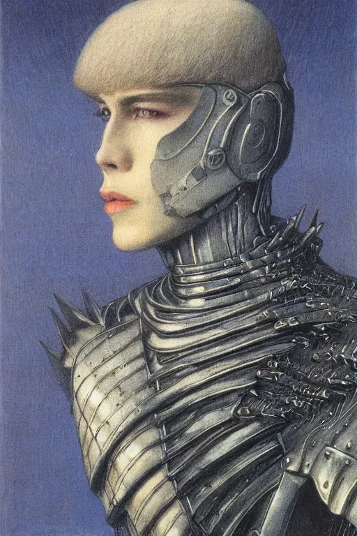 Image similar to portrait of beautiful gothic and futuristic young man, warcpace, cyber and rocks armor, a lot of more and more scars, thunderstorm, blueack with white head, the middle ages, highly detailed, artstation, illustration, more and more composision, 8 k quality, art by jean delville, rene magritte