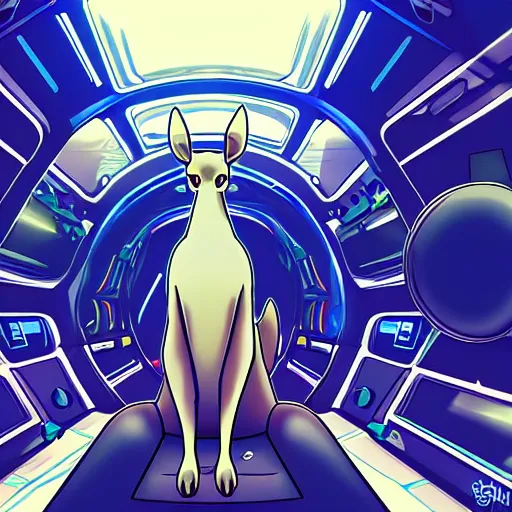 Image similar to a kangaroo in a spaceship, interior photo, anime style, futuristic, high resolution