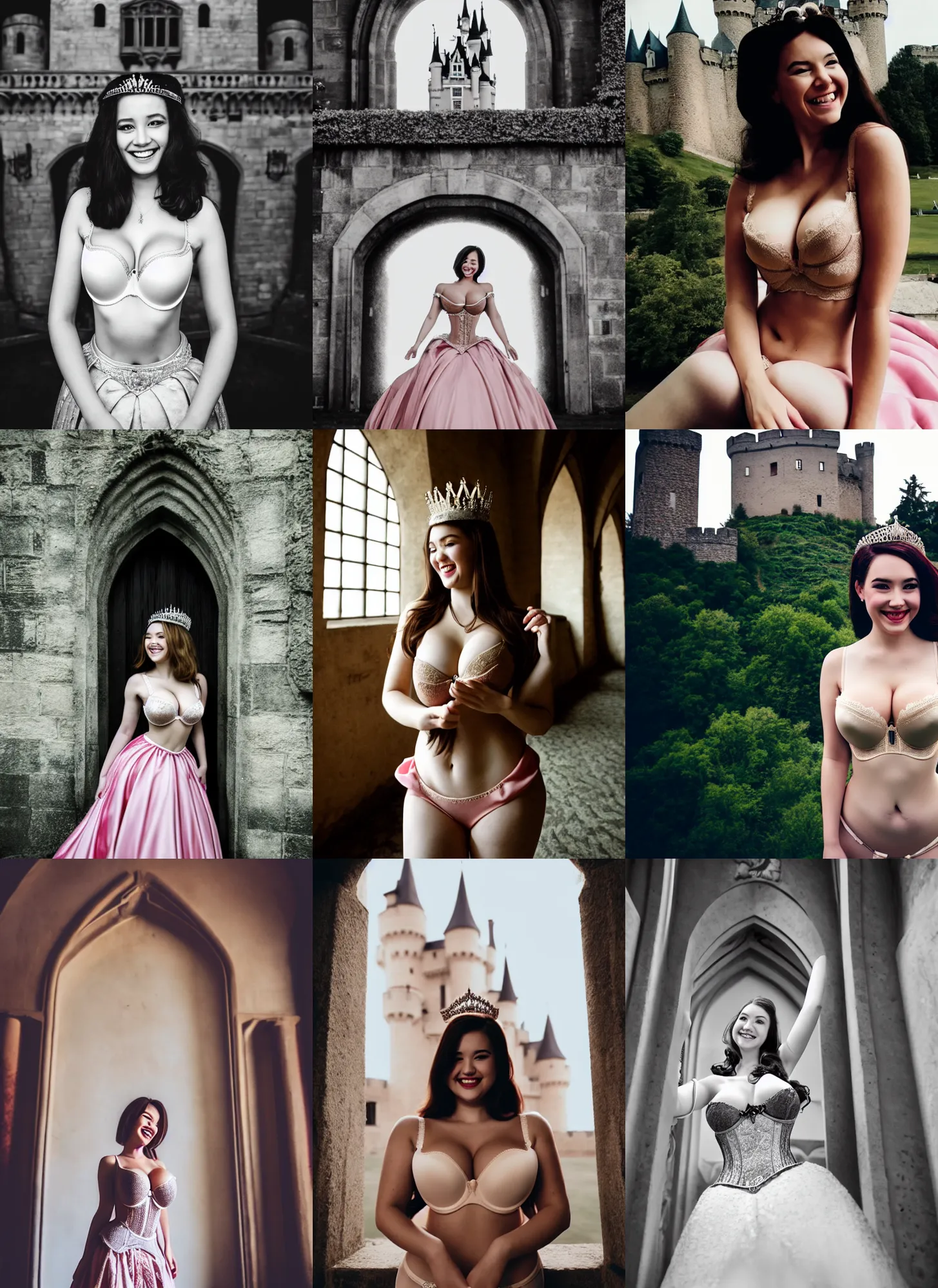 Prompt: intricate real life princess, push up bra, really large bust, castle, smiling, cinematic, aesthetics, full pov