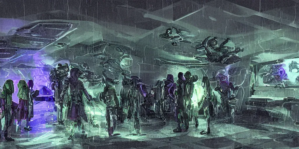 Prompt: sci - fi alien squad in wet cloaks, infiltrating on the ceiling at midnight storm, lightning, digital art