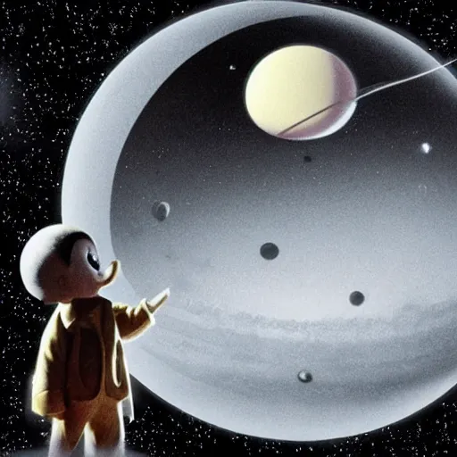 Image similar to the minor - planet pluto, unhappy because it wants to be a real planet. imax, 7 0 mm. digital live - action. concept art. dramatic lighting. pinocchio ( 1 9 4 0 ) animated feature film. neo - noir science fiction.