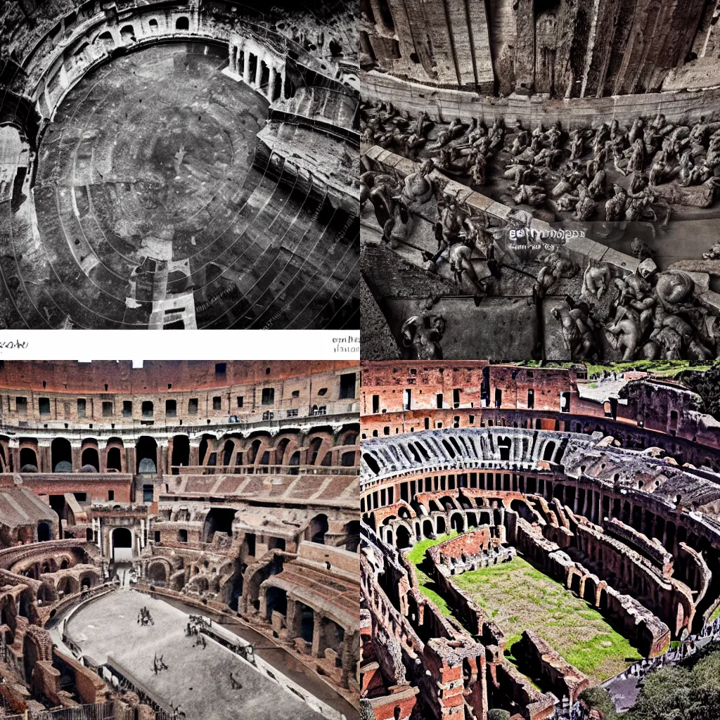 Prompt: gladiator fight in the colosseum of ancient rome, thunderstorm, dark colors, hyperdetailed, realistic!!!,, professional photograph, award winning, top view, wide angle