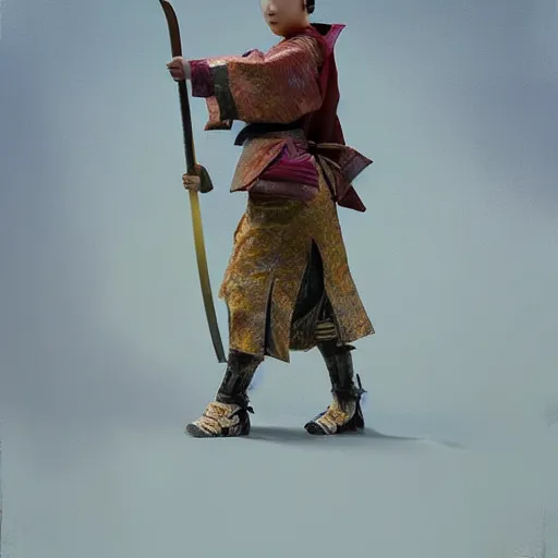 Image similar to female samurai standing in a field in the style of Ruan Jia, golden hour