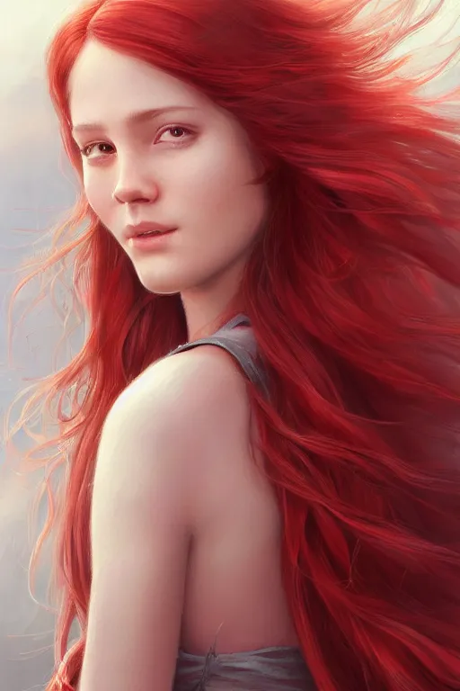 Image similar to ultra realistic style illustration of a beautiful cute red haired joyful young woman, full portrait, long hair, sci - fi, fantasy, intricate, elegant, digital painting, artstation, concept art, smooth, sharp focus, 8 k frostbite 3 engine, ultra detailed, art by artgerm and greg rutkowski and magali villeneuve