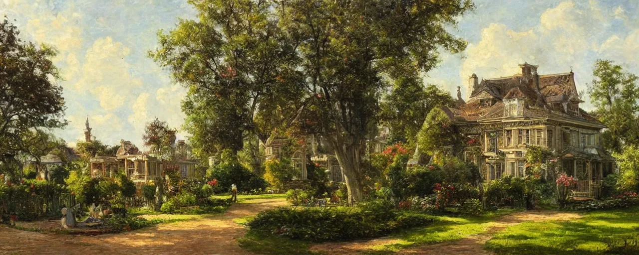 Image similar to a highly detailed oil painting of a house from the 1880s surrounded by a beautiful garden, a view from ground level: elegant, ornate, daytime. this is a beautifully lit scene.
