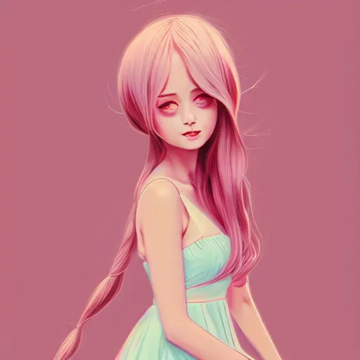 Image similar to adult female in summer dress art, pastel light pink very long hair, muted colors, matte print, pastel colors, ornate, digital art, digital painting, fan art, elegant, artstation, head is centered, by Ilya Kuvshinov