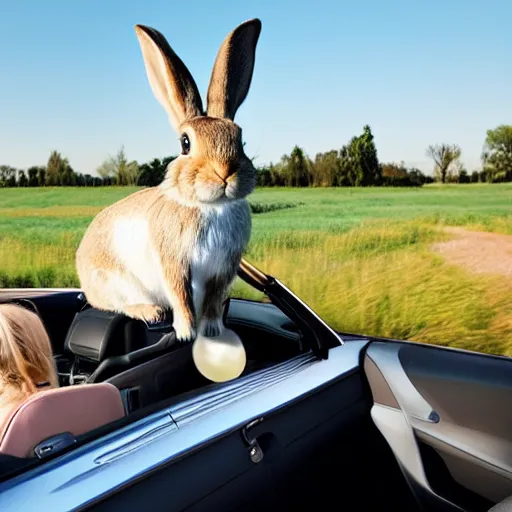 Image similar to bunny riding a convertible, studio photo, high quality