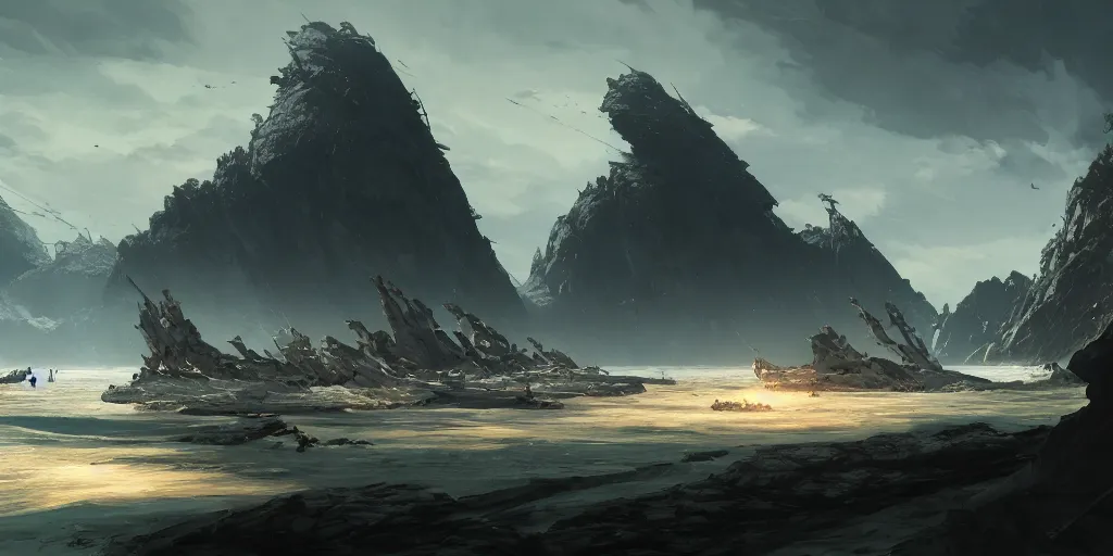 Prompt: Three majestic elven ships at the pristine beach, small camp is built beside. In style of Yoji Shinkawa and Hyung-tae Kim, trending on ArtStation, Greg Rutkowski, dark fantasy, great composition, concept art, highly detailed, scenery, 8K.