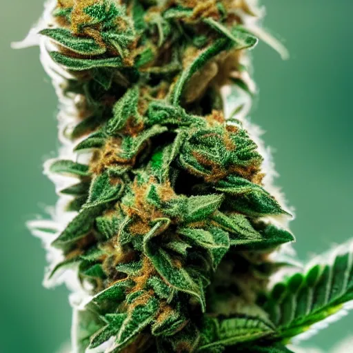 Prompt: beautiful marijuana flower with buds covered in stunning trichomes, extreme close - up highly - detailed macro photography, focus, centered, dslr in the style of high times