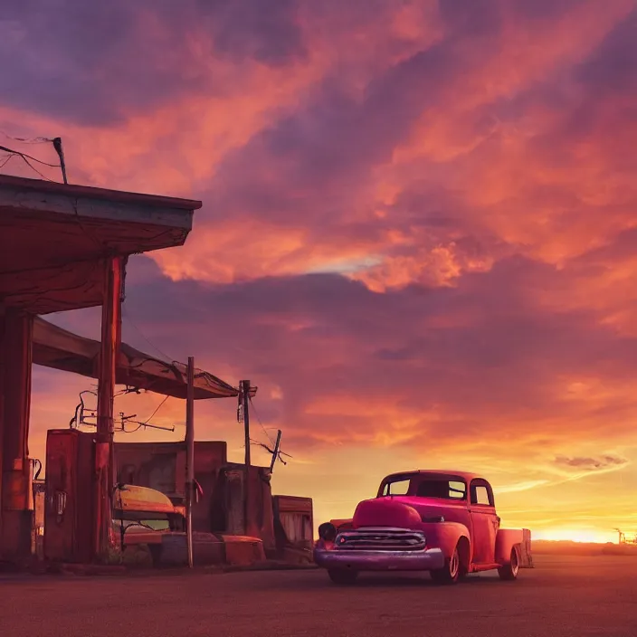 Image similar to a sunset light landscape with historical route 6 6, lots of sparkling details and sun ray ’ s, blinding backlight, smoke, volumetric lighting, colorful, octane, 3 5 mm, abandoned gas station, old rusty pickup - truck, beautiful epic colored reflections, very colorful heavenly, softlight